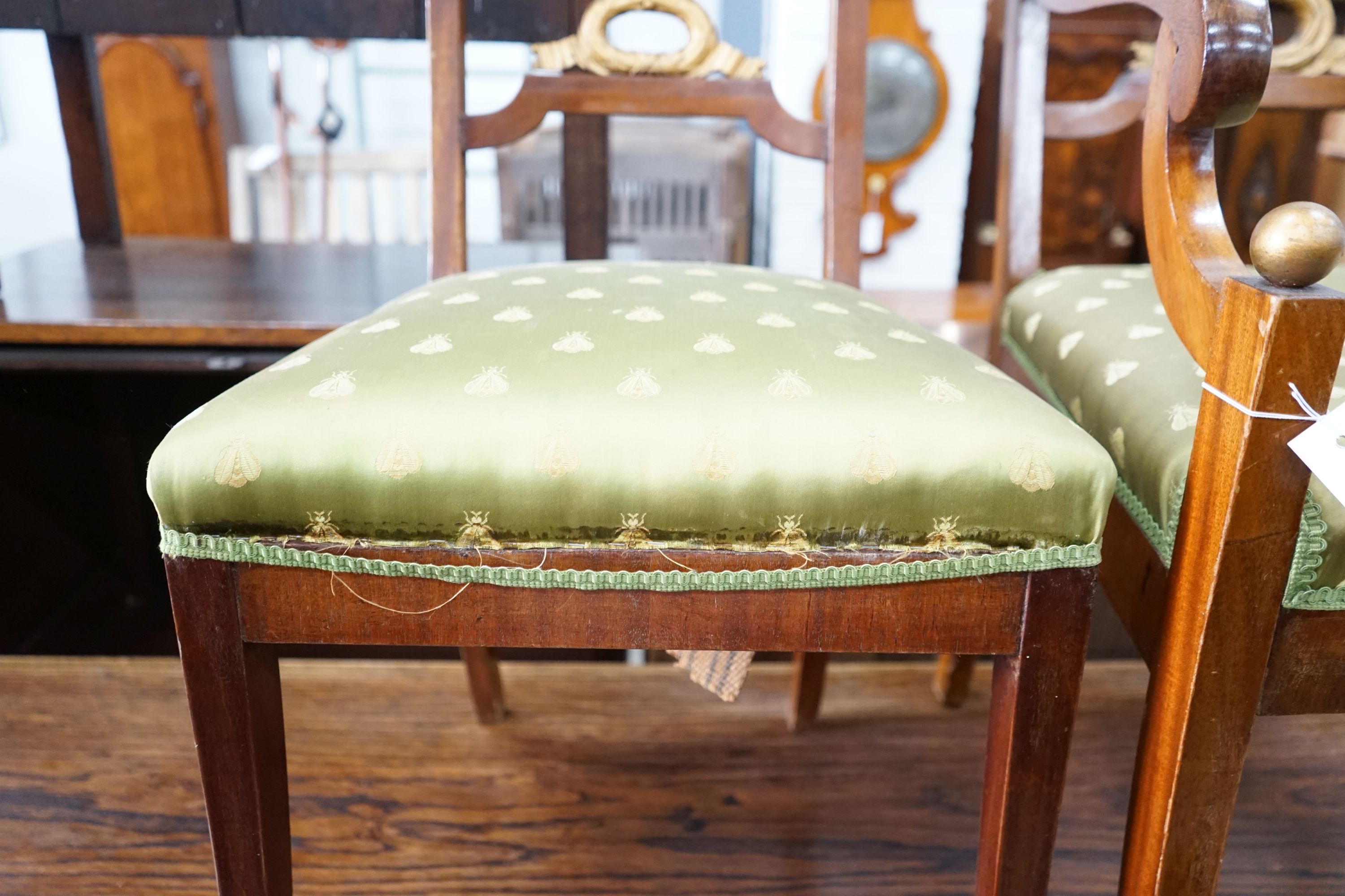 A set of eight Swedish Biedermeier birch with mahogany veneer, wreath design dining room chairs, including two carvers, mid 19th century